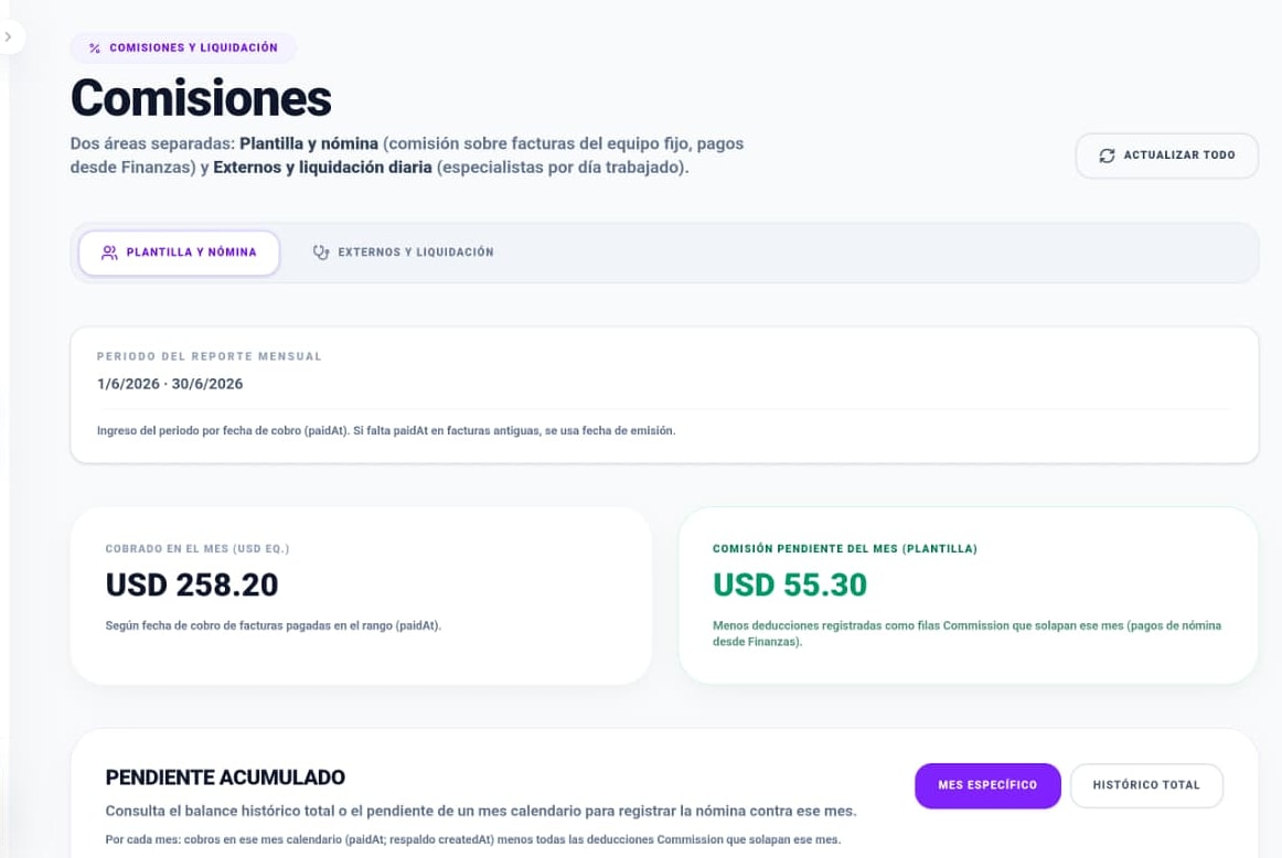 Liquidación de comisiones por especialista