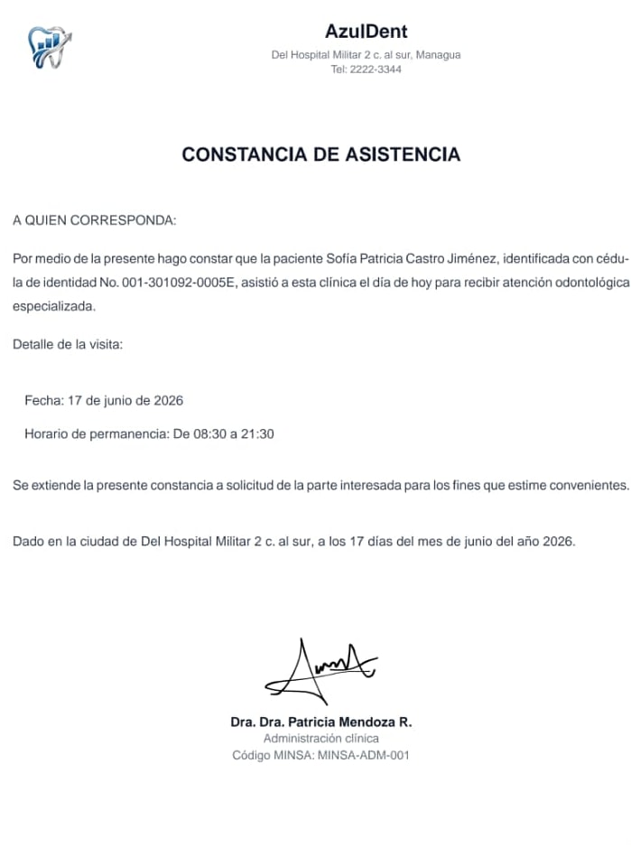 Documento médico PDF generado en AzulDent